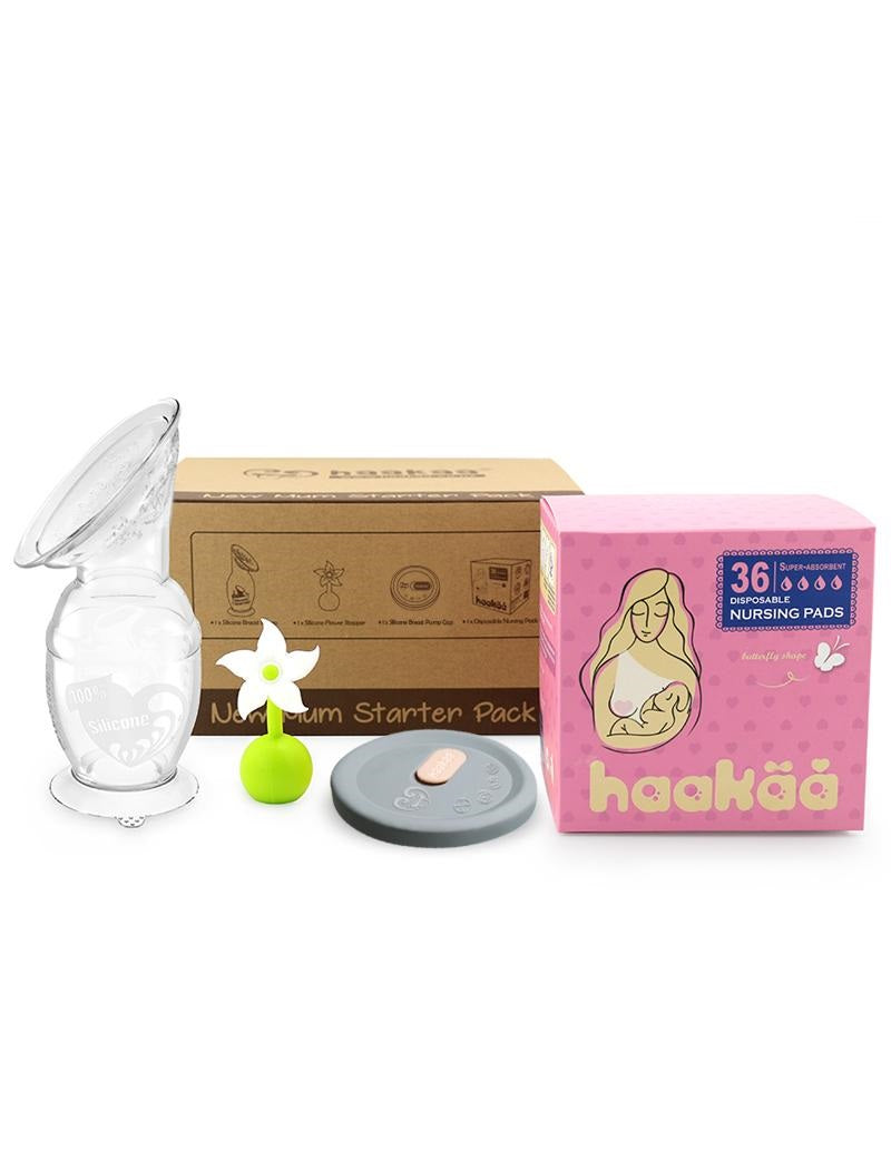 Haakaa New Mom Starter Kit Pack with White Flower Stopper and Grey Lid Silicone Breast Pump 150 ml (Min. of 4 multiples of 4)