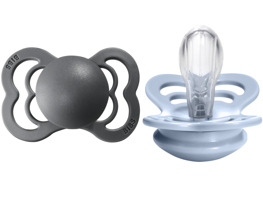 BIBS Pacifier SUPREME Silicone 2 PK Iron / Baby Blue (Min. of 2 PK, multiples of 2 PK)