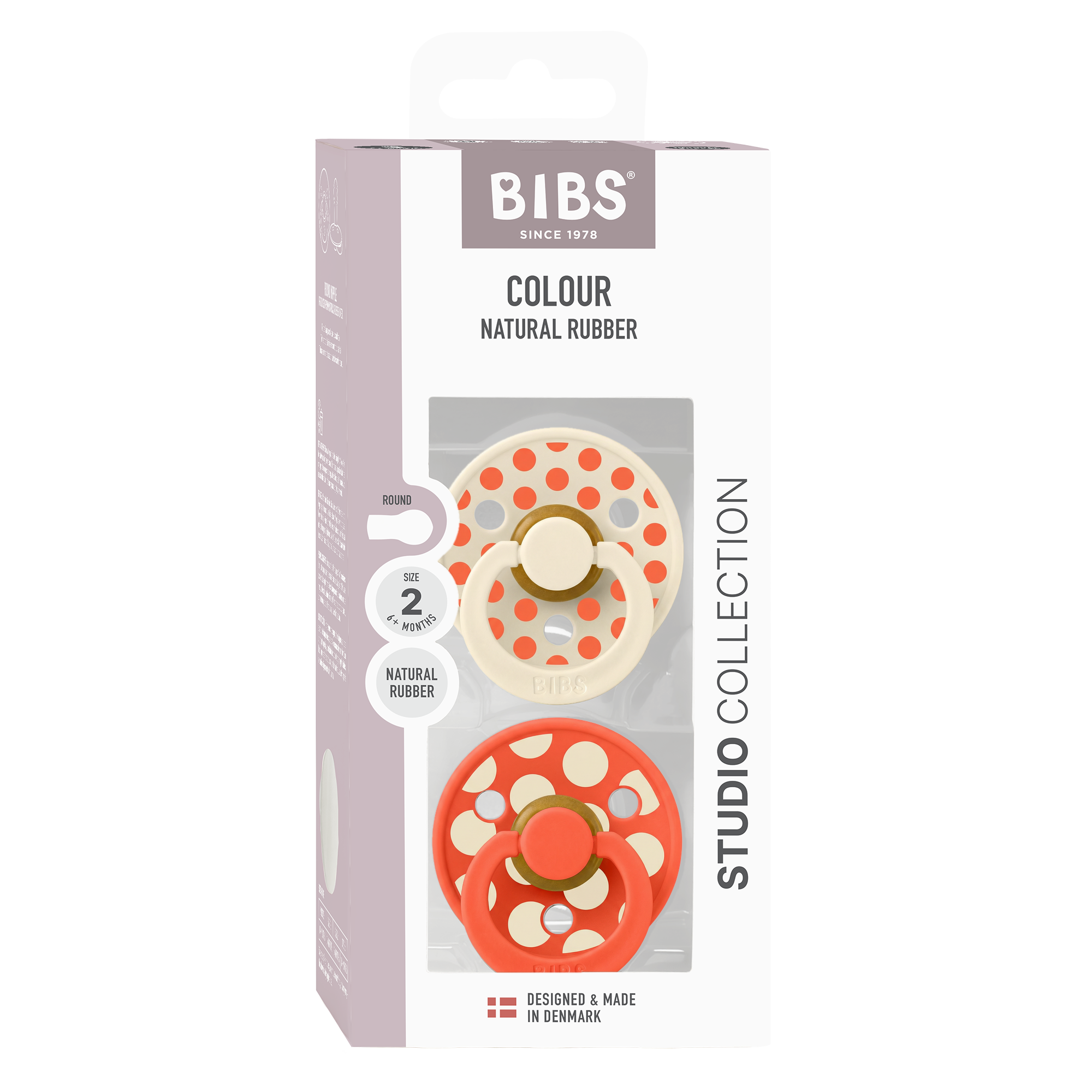 BIBS Pacifier Studio Colour 2 PACK Polka Ivory/Tango (Min. of 2 PK, multiples of 2 PK)