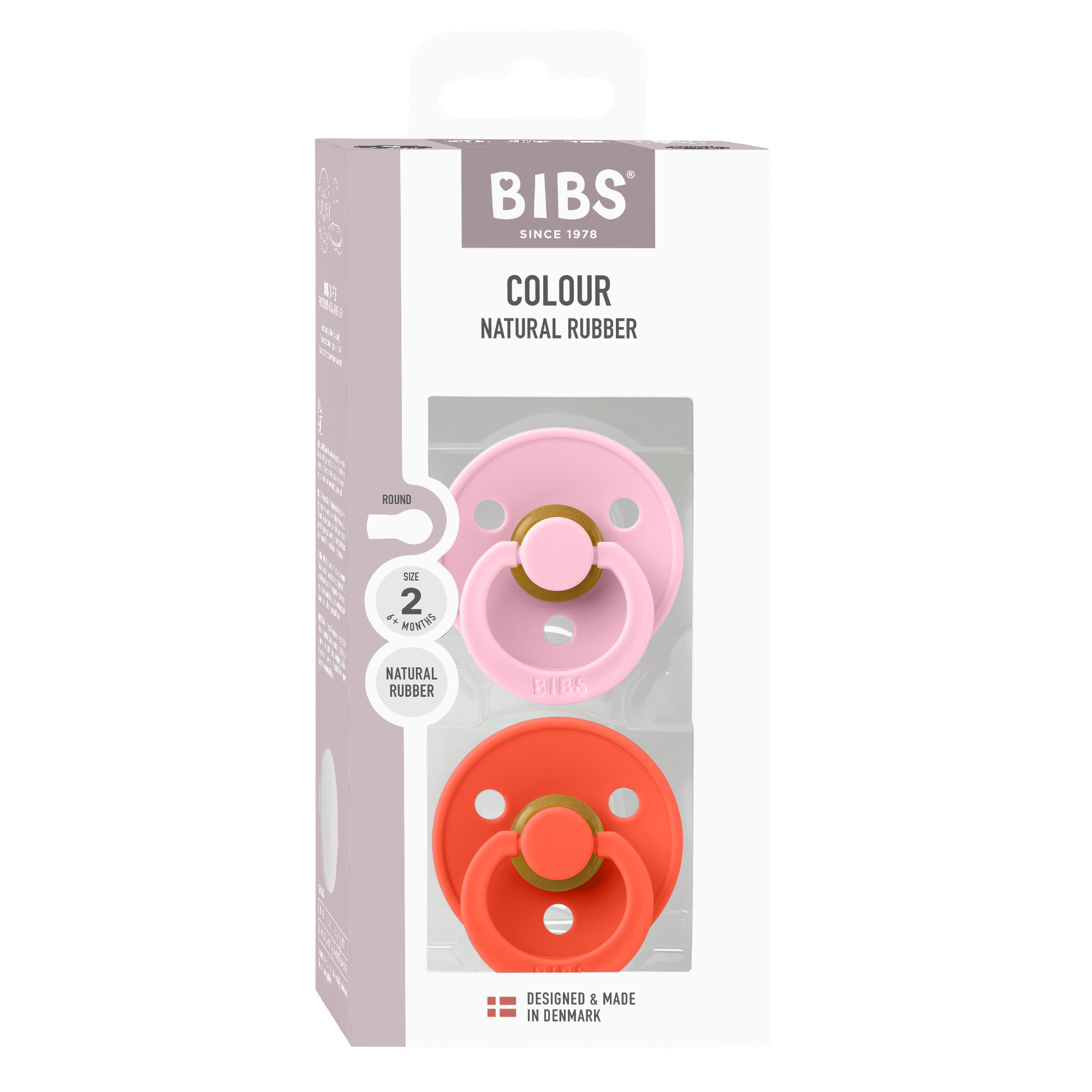 BIBS Pacifier Original COLOUR Latex 2 PK Tango/Baby Pink (Min. of 2 PK, multiples of 2 PK)