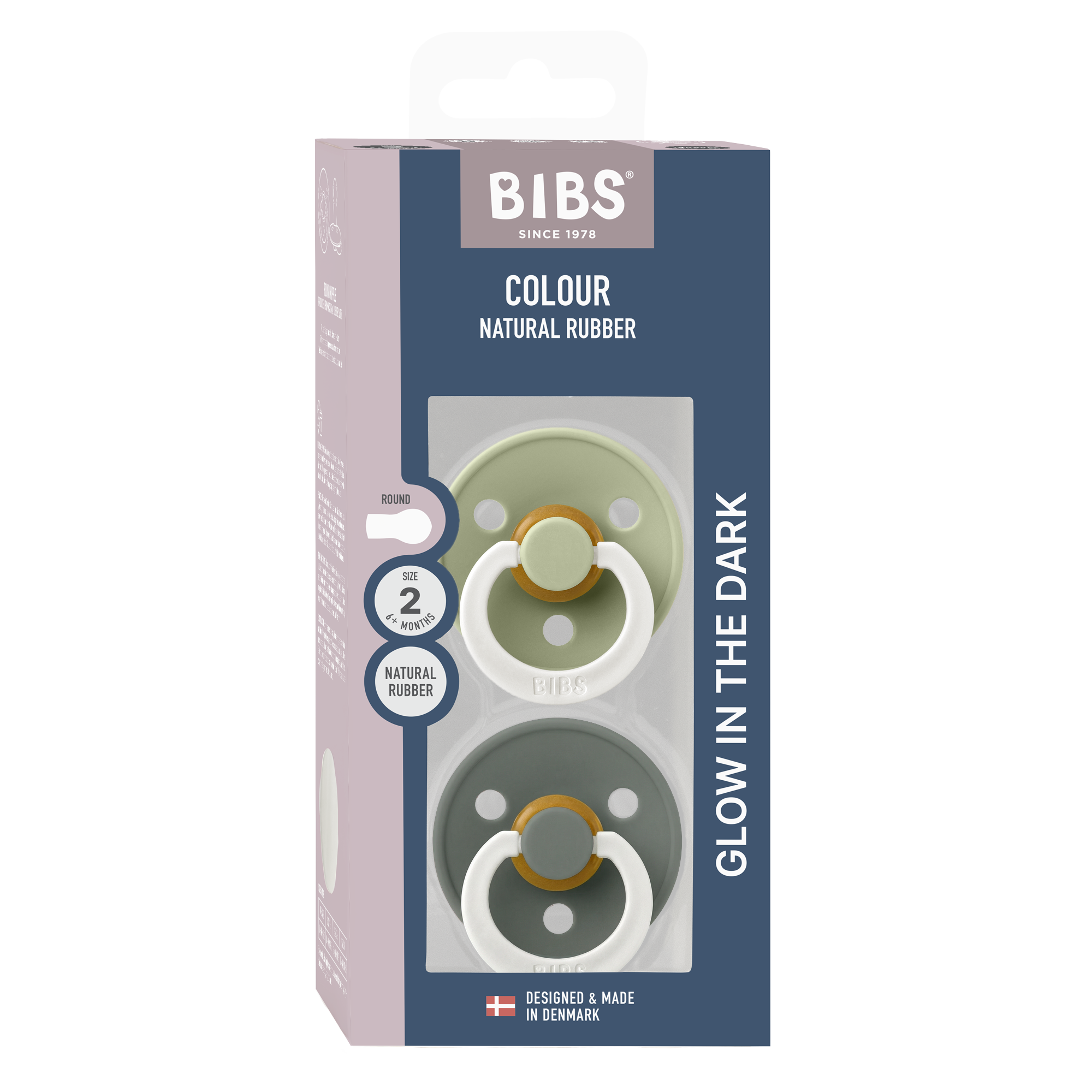 BIBS Pacifier Original COLOUR Latex 2 PK Sage GLOW/Pine GLOW (Min. of 2 PK, multiples of 2 PK)