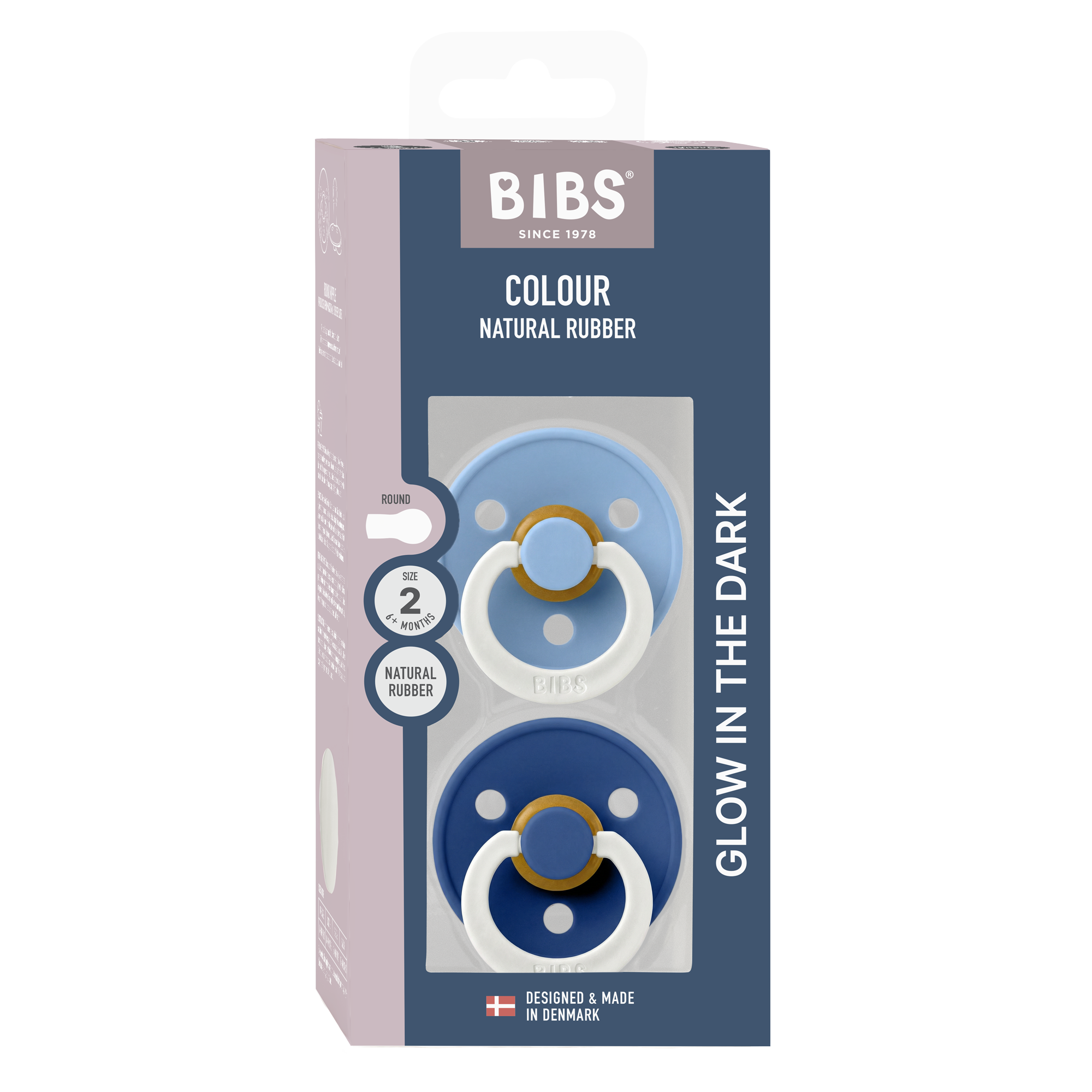 BIBS Pacifier Original COLOUR Latex 2 PK Sky Blue GLOW/Cornflower GLOW (Min. of 2 PK, multiples of 2 PK)