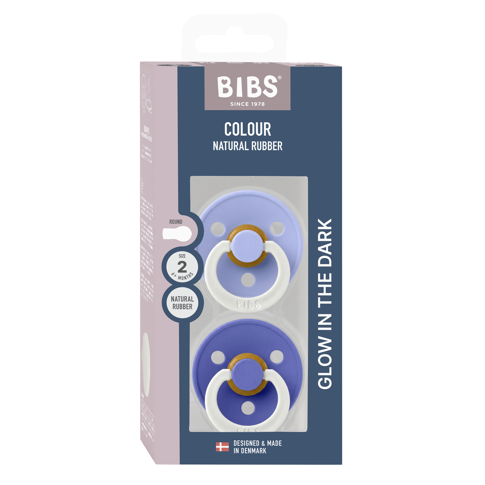 BIBS Pacifier Original COLOUR Latex 2 PK Hush GLOW/Grape GLOW (Min. of 2 PK, multiples of 2 PK)