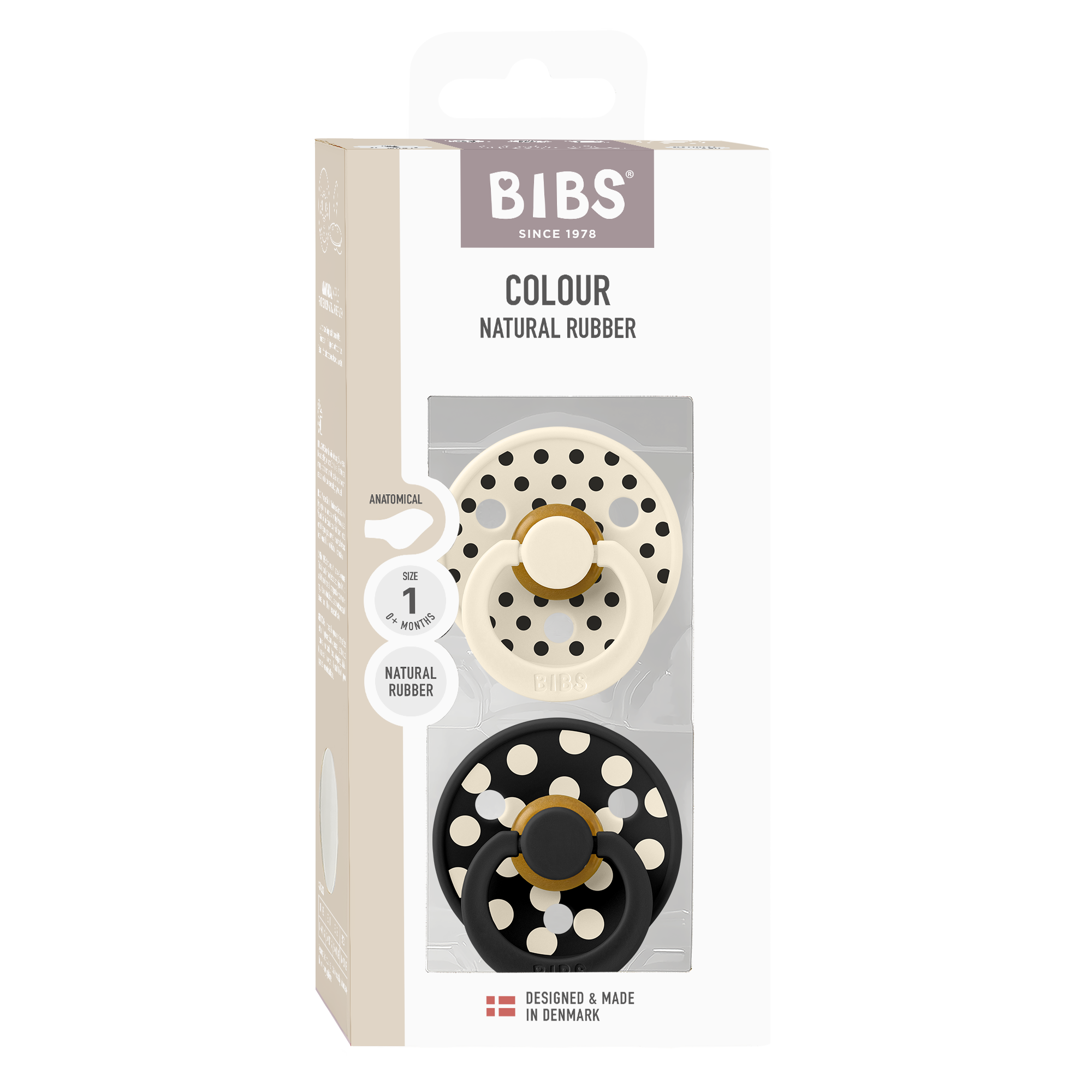 BIBS Pacifier Studio Colour Anatomical 2 PACK Polka - Ivory/Black (Min. of 2 PK, multiples of 2 PK)