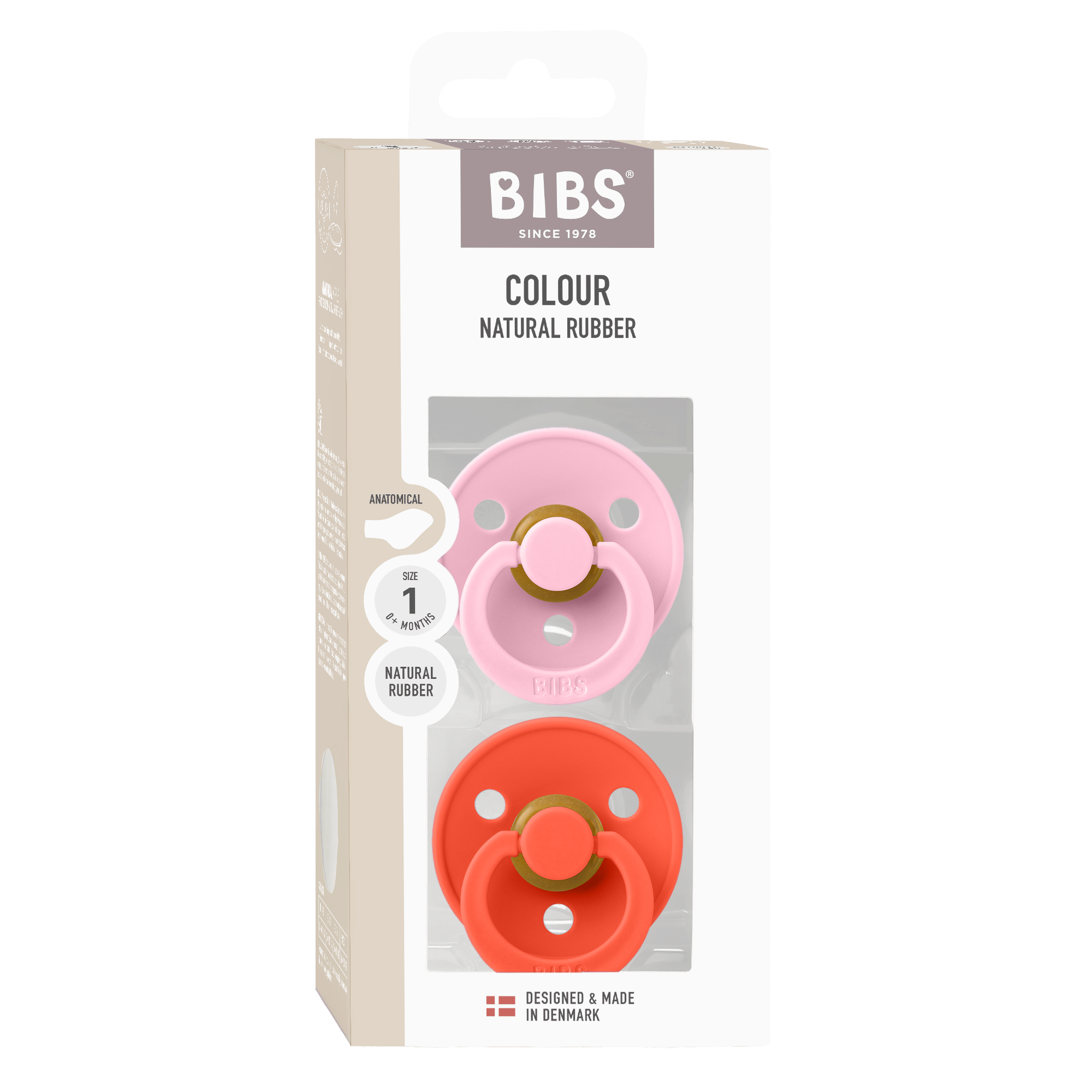 BIBS Pacifier Original COLOUR Latex 2 PK Anatomical Tango/Baby Pink (Min. of 2 PK, multiples of 2 PK)