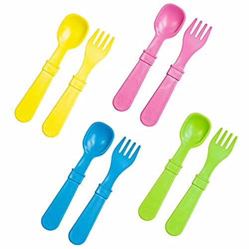 Re Play Utensil Fork and Spoon  | Sky Blue, Bright Pink, Yellow and Lime Green