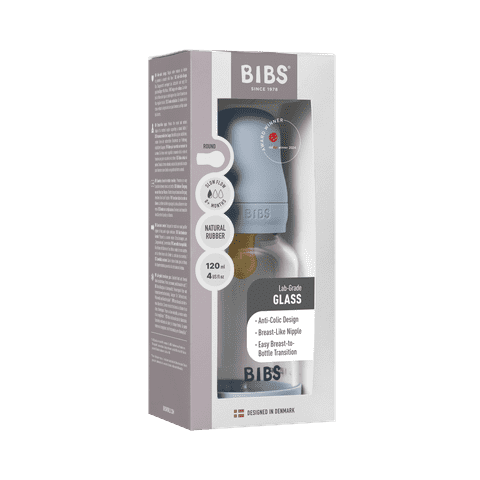 BIBS Glass Baby Bottle Round Latex 1 pack 120 ml Slow Flow Baby Blue (Min. of 2 PK , multiples of 2 PK)