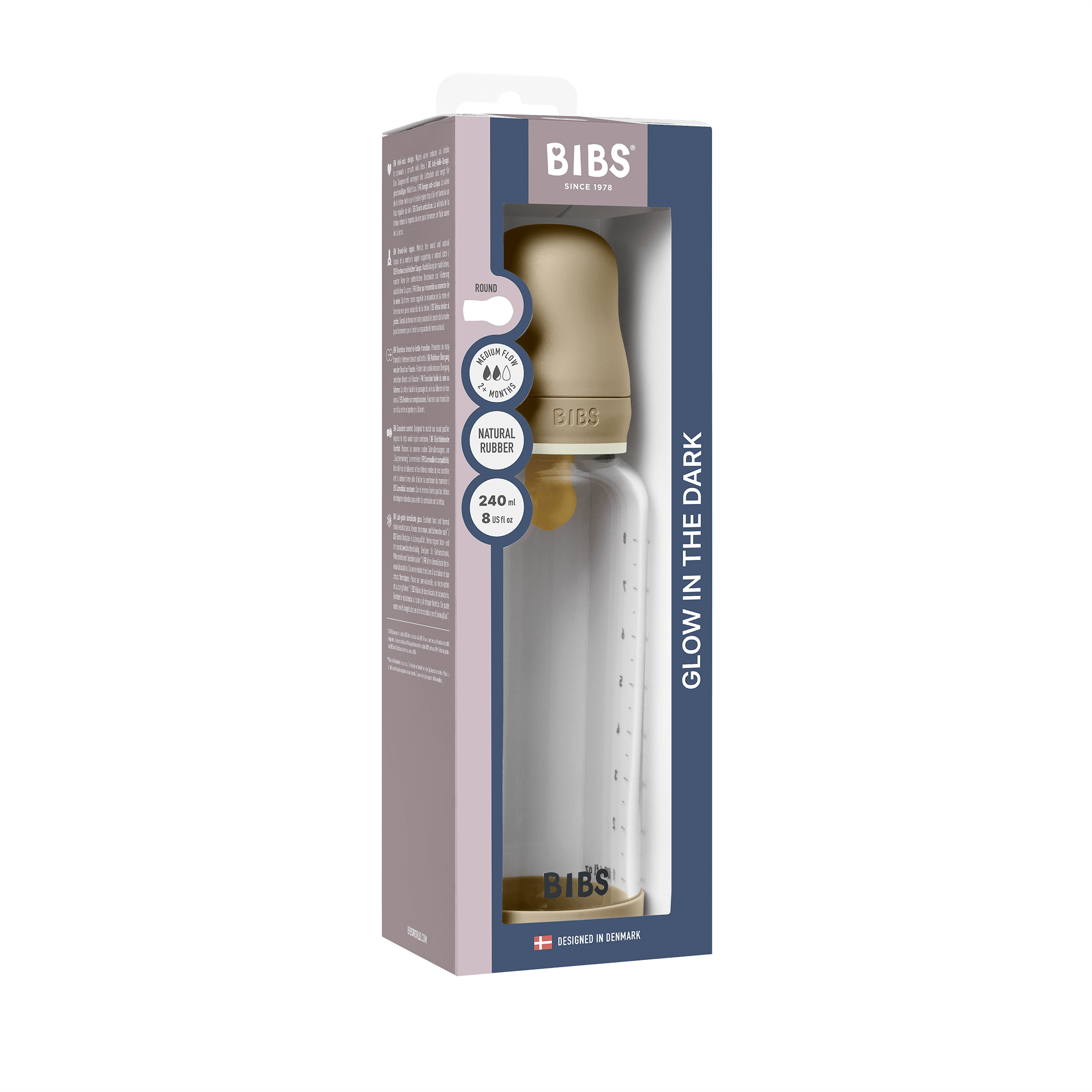 BIBS Glass Baby Bottle Round Latex 1 pack 240 ml Medium Flow Vanilla GLOW (Min. of 2 PK , multiples of 2 PK)