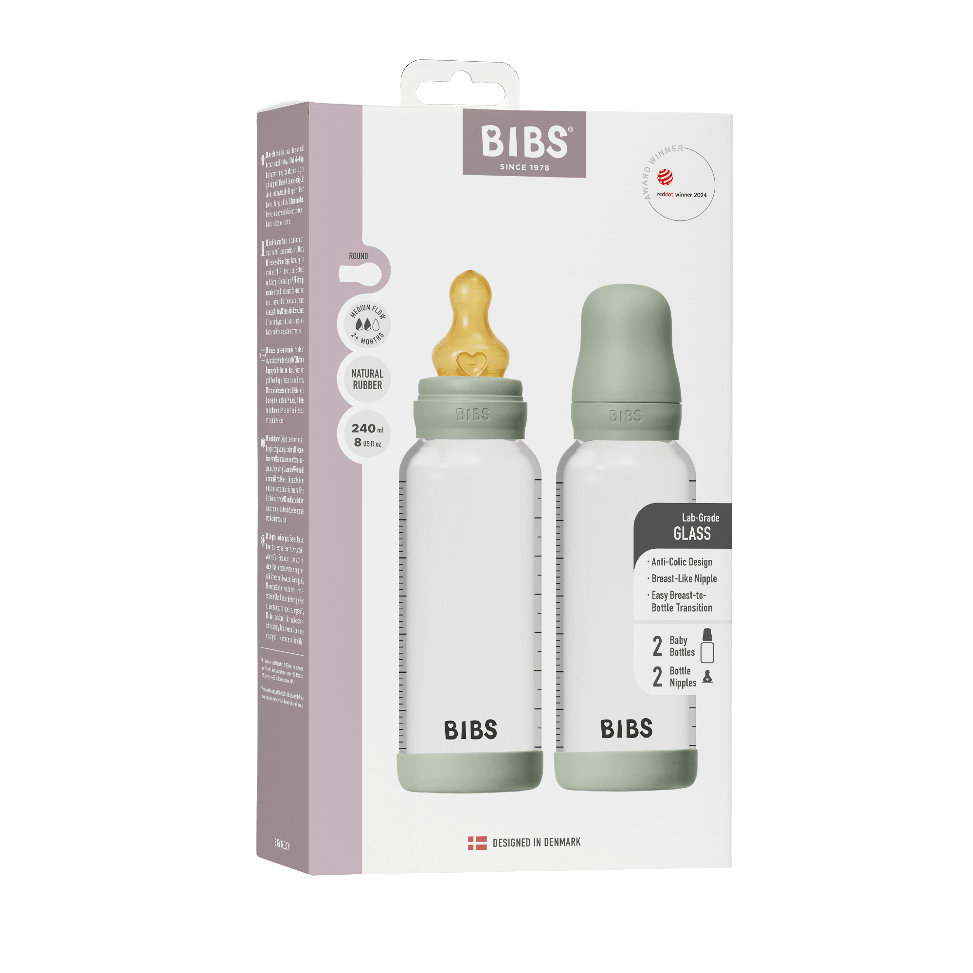 BIBS Glass Baby Bottle Round Latex 2 pack 240 ml Medium Flow Sage (Min. of 2 PK , multiples of 2 PK)