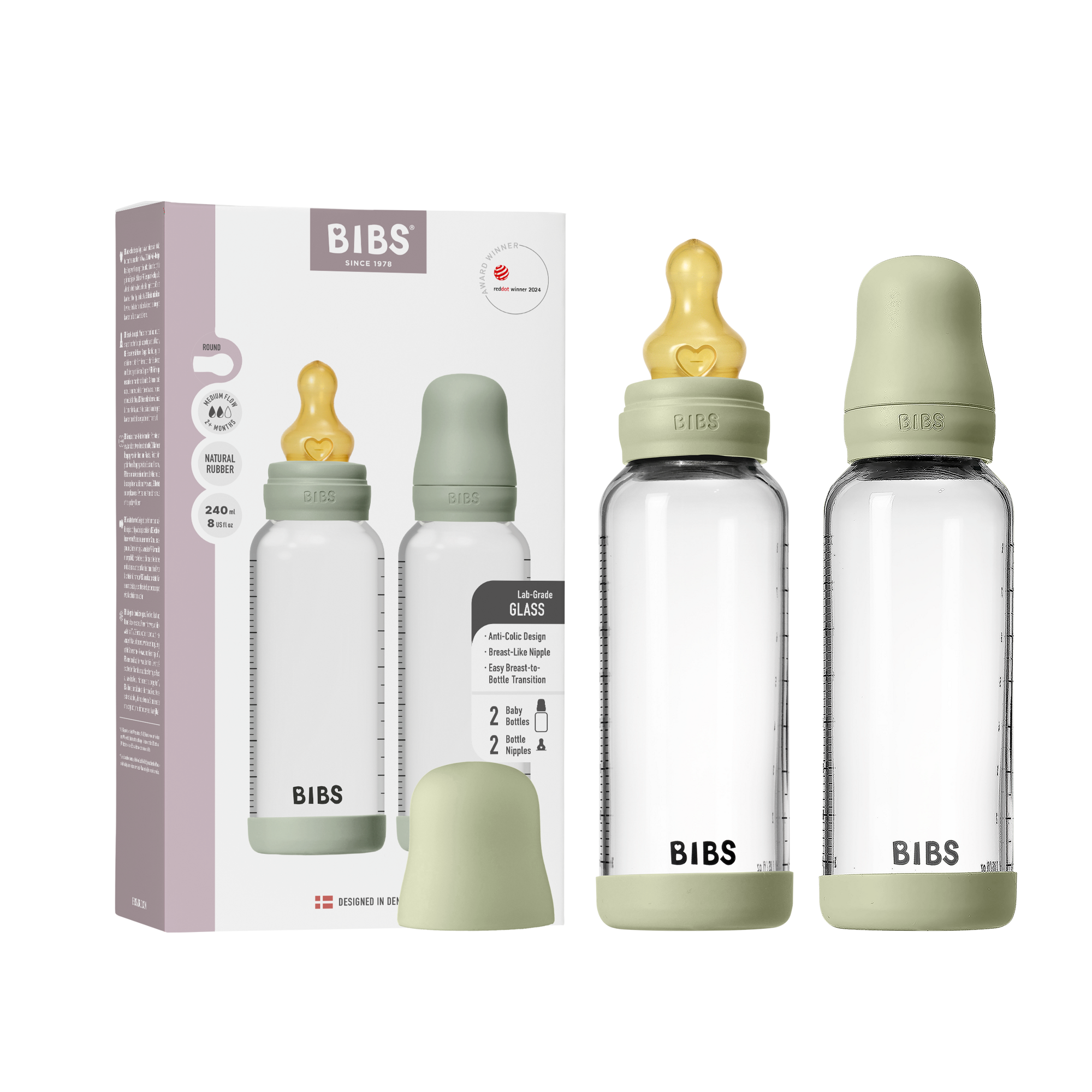 BIBS Glass Baby Bottle Round Latex 2 pack 240 ml Medium Flow Sage (Min. of 2 PK , multiples of 2 PK)