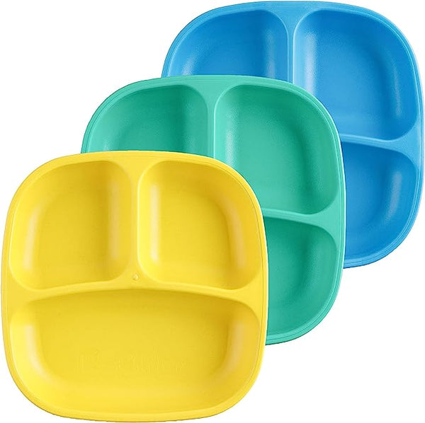 Re-Play 3 PK Packaged Divided Plates Sky blue, Yellow and Aqua (Min. of 2 PK, Multiples of 2 PK)