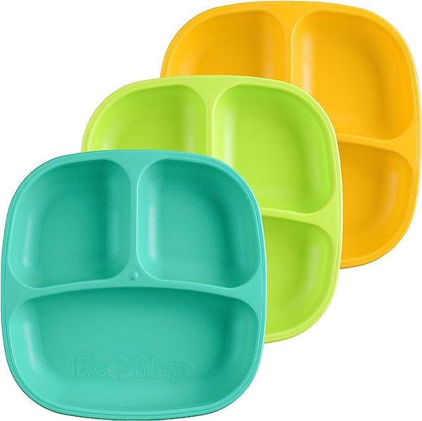 Re-Play 3 PK Packaged Divided Plates, Aqua (Aqua, Lime Green, Yellow) (Min. of 2 PK, Multiples of 2 PK)