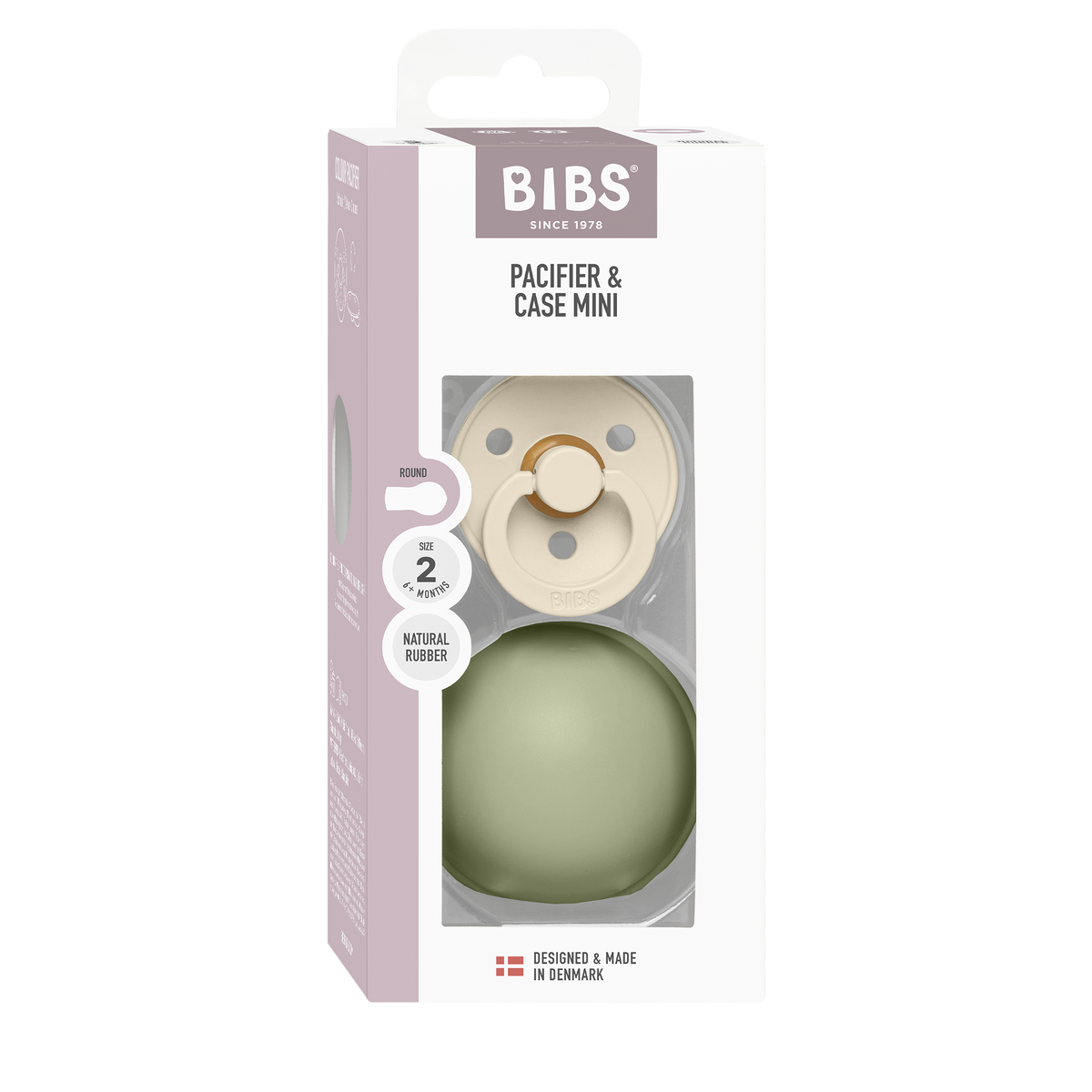 BIBS Colour Pacifier Round Latex Vanilla &amp; Pacifier Case Mini Sage (Min. of 2 PK, multiples of 2 PK)