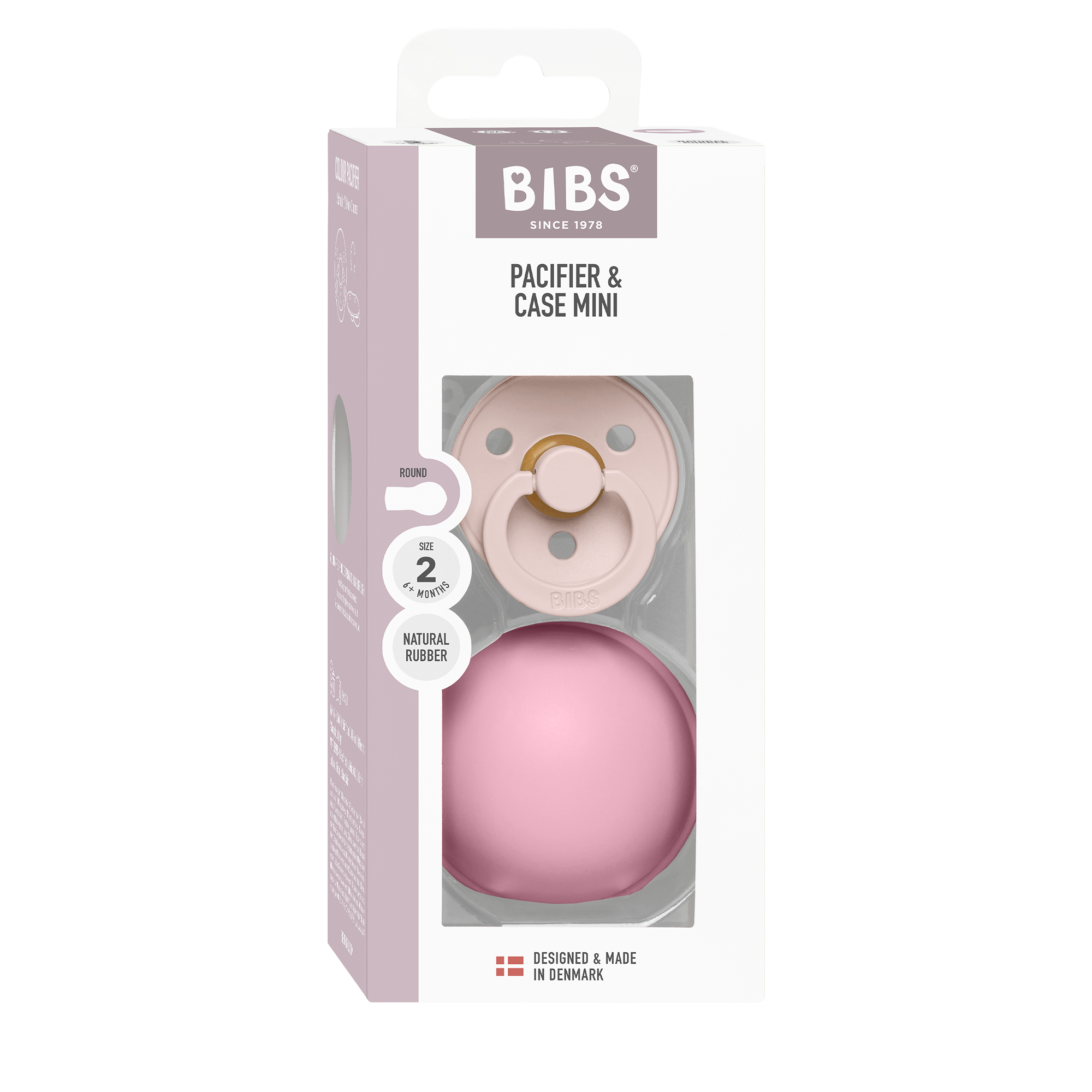 BIBS Colour Pacifier Round Latex Vanilla &amp; Pacifier Case Mini Baby Pink (Min. of 2 PK, multiples of 2 PK)