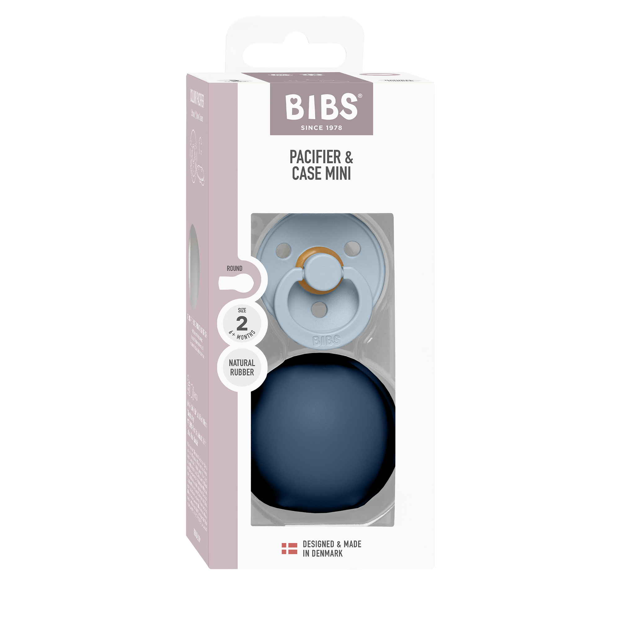 BIBS Colour Pacifier Round Latex Vanilla &amp; Pacifier Case Mini Steel Blue (Min. of 2 PK, multiples of 2 PK)