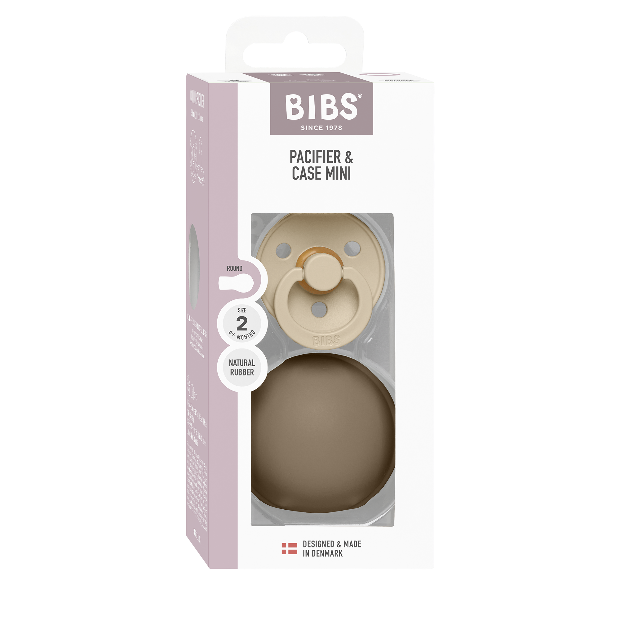 BIBS Colour Pacifier Round Latex Vanilla &amp; Pacifier Case Mini Dark Oak (Min. of 2 PK, multiples of 2 PK)