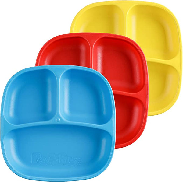Re-Play 3 PK Packaged Divided Plates, Primary - (Red, Sky Blue, Yellow) (Min. of 2 PK, Multiples of 2 PK)