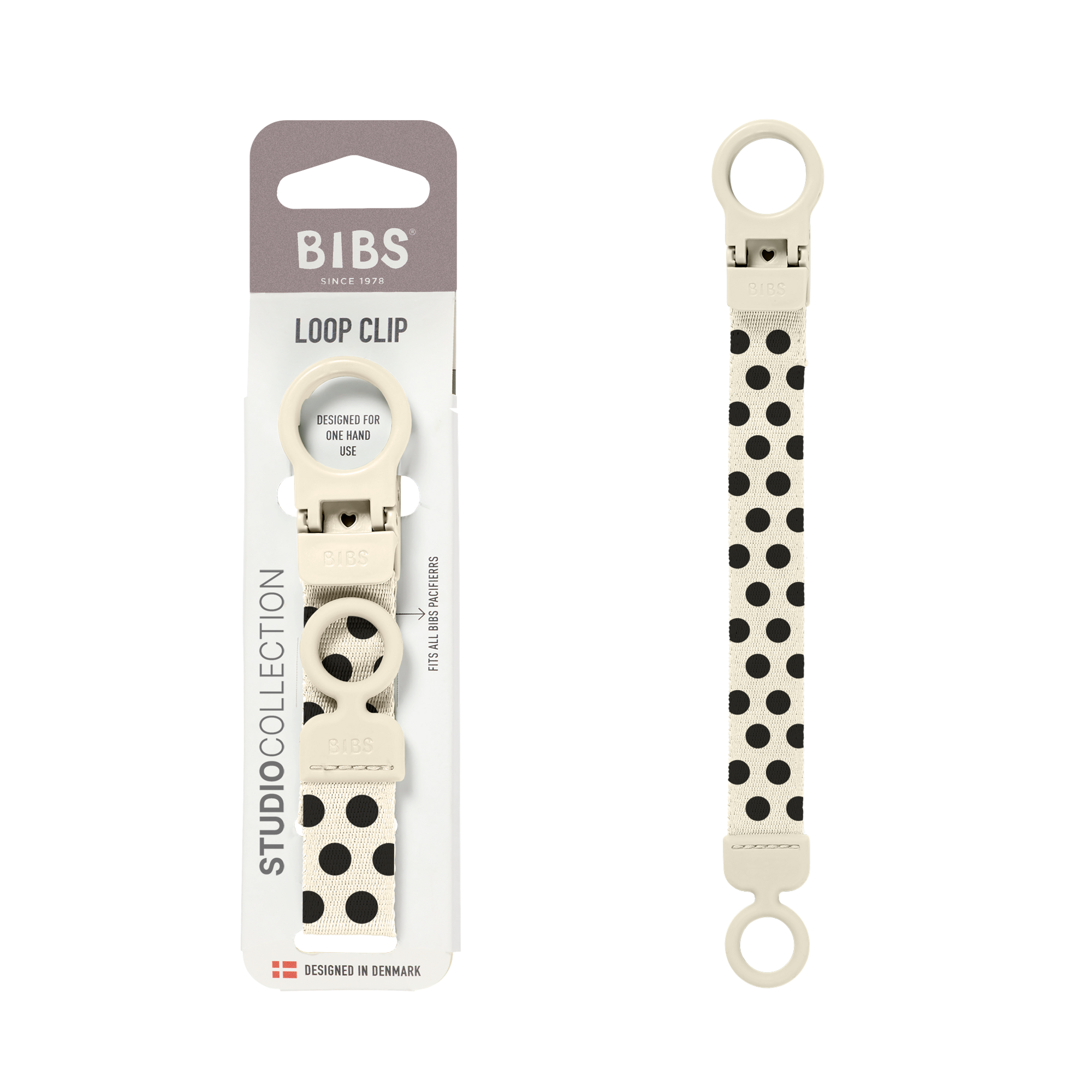 BIBS Studio Pacifier Clip Loop Polka Ivory Black (Min. of 2 PK , multiples of 2 PK)