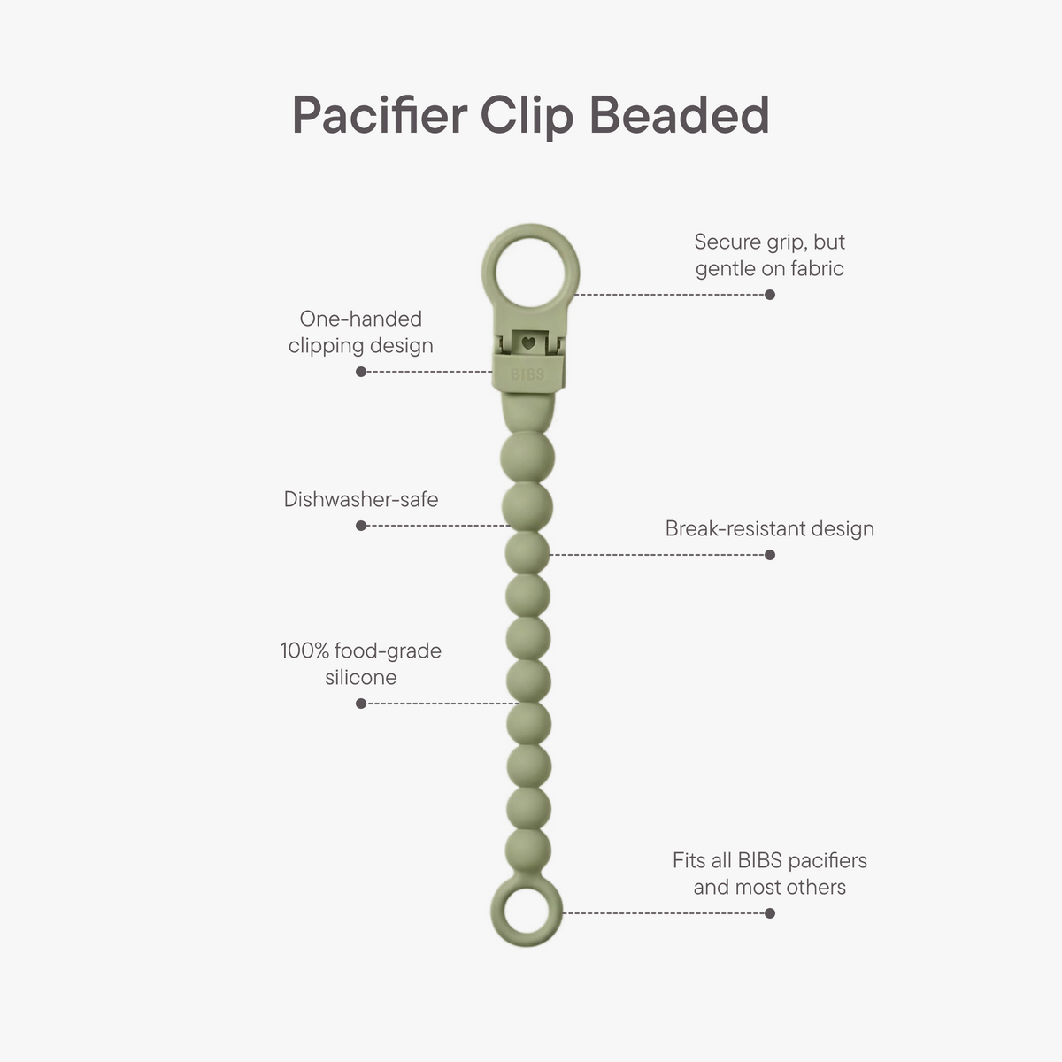 BIBS Pacifier Clip Beaded Sage (Min. of 2 PK, multiples of 2 PK)