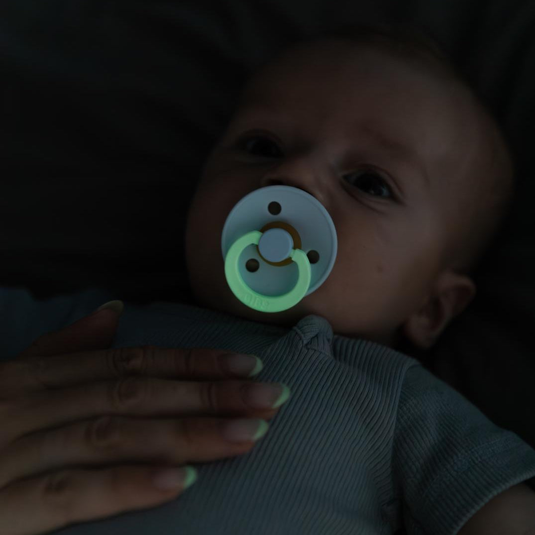 BIBS Pacifier Original COLOUR Latex 2 PK Hush GLOW/Grape GLOW (Min. of 2 PK, multiples of 2 PK)