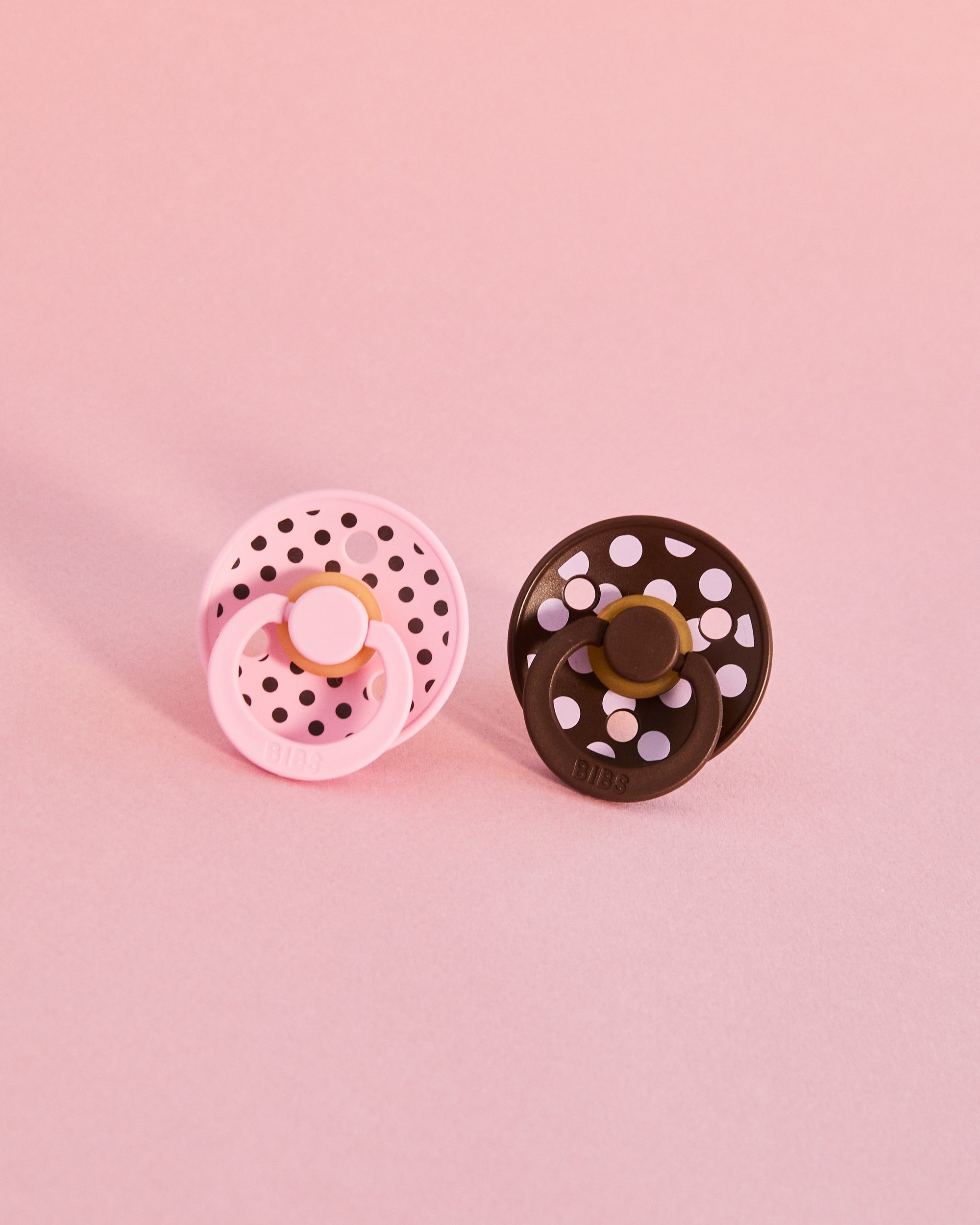 BIBS Pacifier Studio Colour 2 PACK Polka - Pink/Mocha (Min. of 2 PK, multiples of 2 PK)