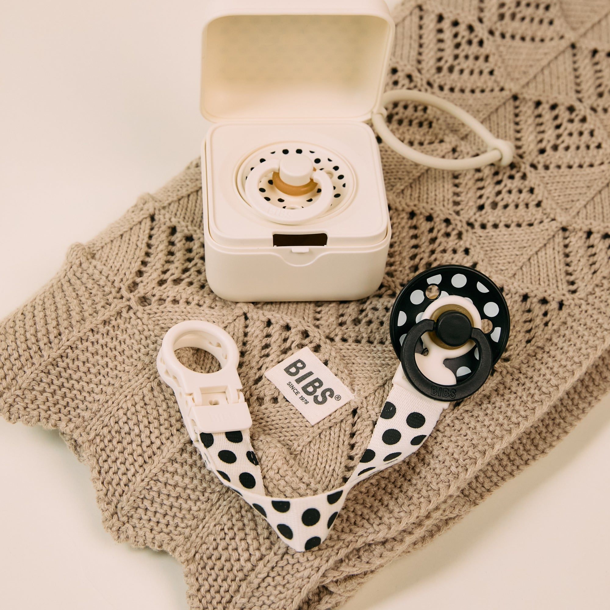 BIBS Studio Pacifier Clip Loop Polka Ivory Black (Min. of 2 PK , multiples of 2 PK)