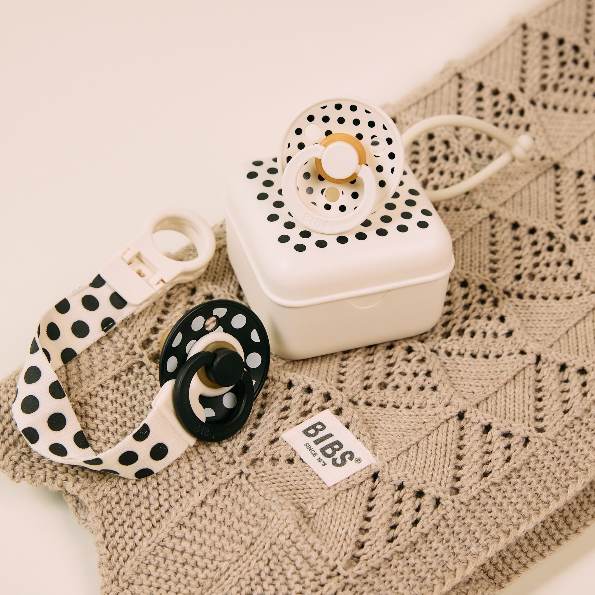 BIBS Studio Pacifier Clip Loop Polka Ivory Black (Min. of 2 PK , multiples of 2 PK)
