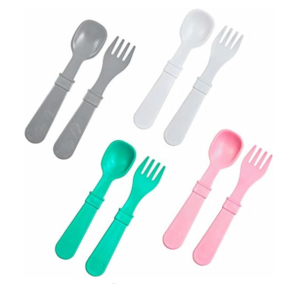 Amazon | RE-Play  8pk Feeding Utensils Spoon and Fork Set without a case | Grey, white, Ice pink , Aqua