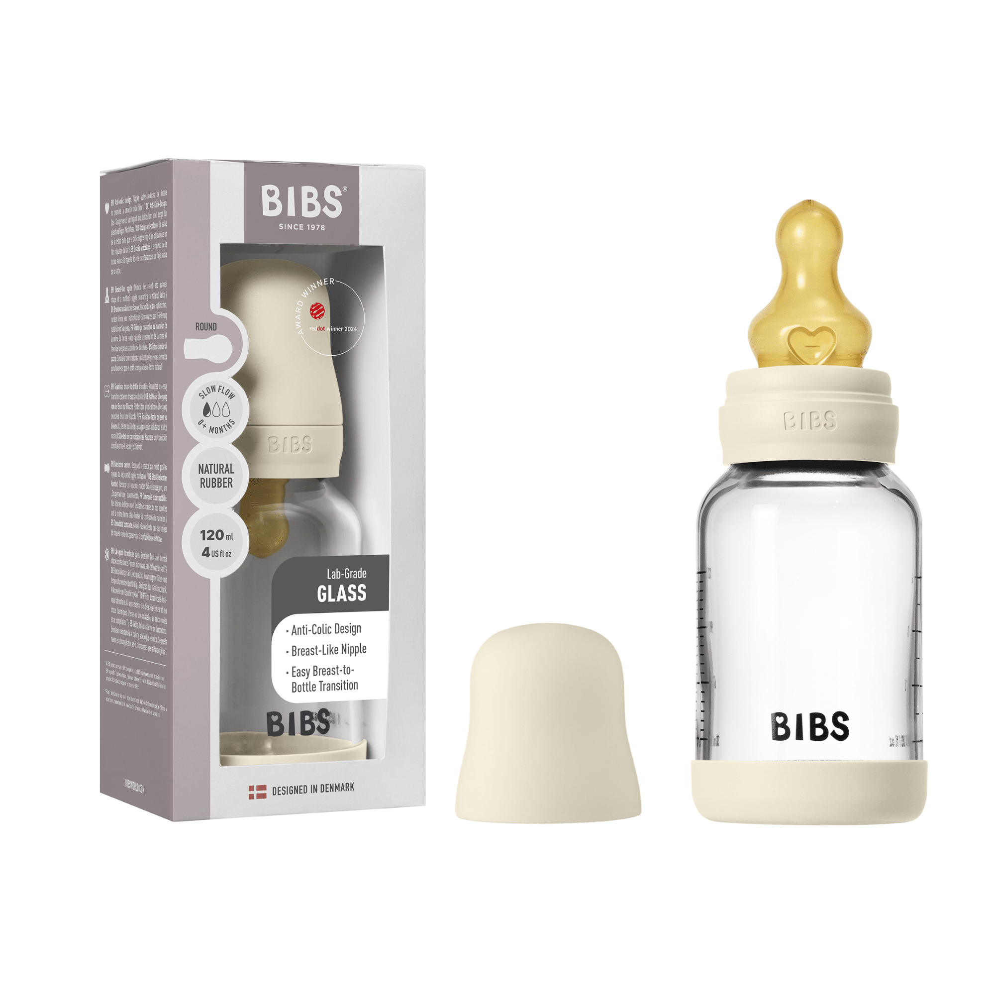 BIBS Glass Baby Bottle Round Latex 1 pack 120 ml Slow Flow Ivory (Min. of 2 PK , multiples of 2 PK) - MAIGHAN DISTRIBUTION CANADA