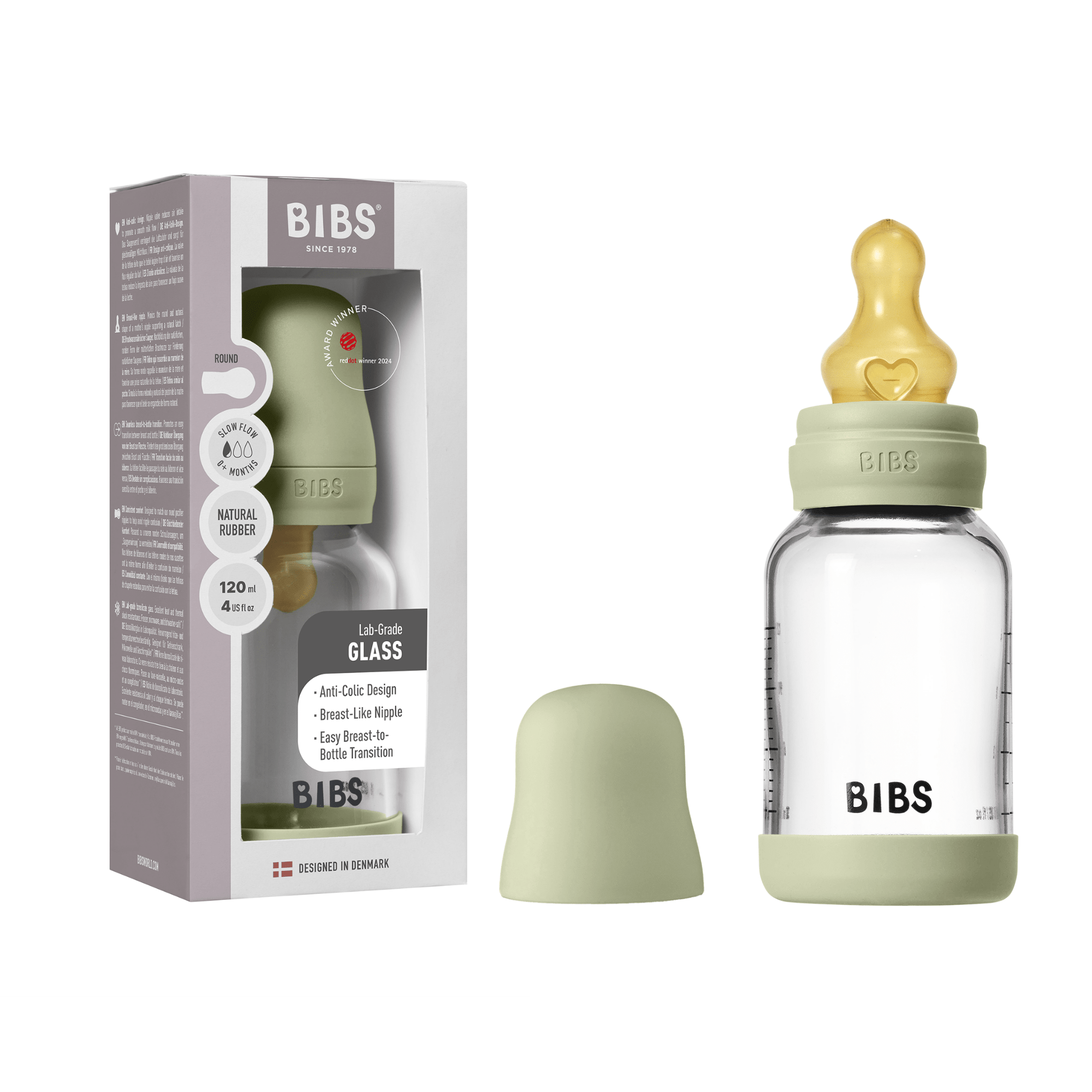 BIBS Glass Baby Bottle Round Latex 1 pack 120 ml Slow Flow Sage (Min. of 2 PK , multiples of 2 PK) - MAIGHAN DISTRIBUTION CANADA
