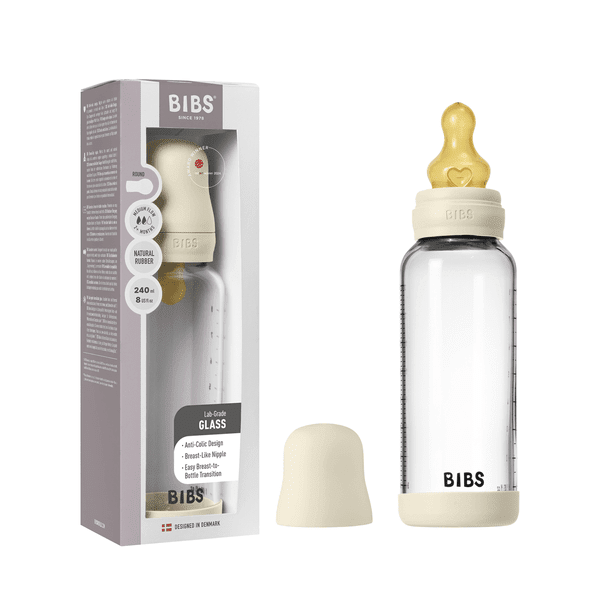 BIBS Glass Baby Bottle Round Latex 1 pack 240 ml Medium Flow Ivory (Min. of 2 PK , multiples of 2 PK) - MAIGHAN DISTRIBUTION CANADA