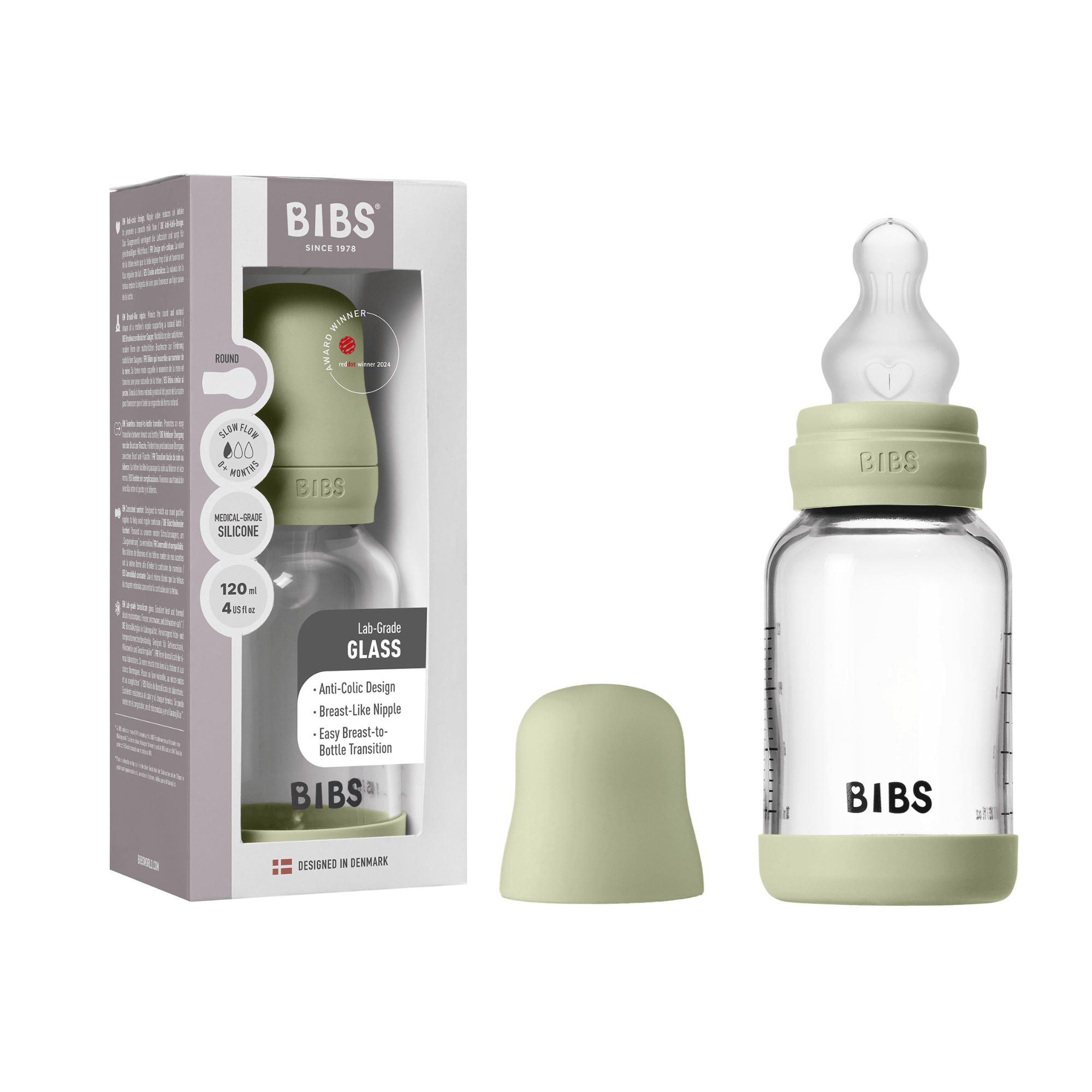 BIBS Glass Baby Bottle Round Silicone 1 pack 120 ml Slow Flow Sage (Min. of 2 PK , multiples of 2 PK) - MAIGHAN DISTRIBUTION CANADA
