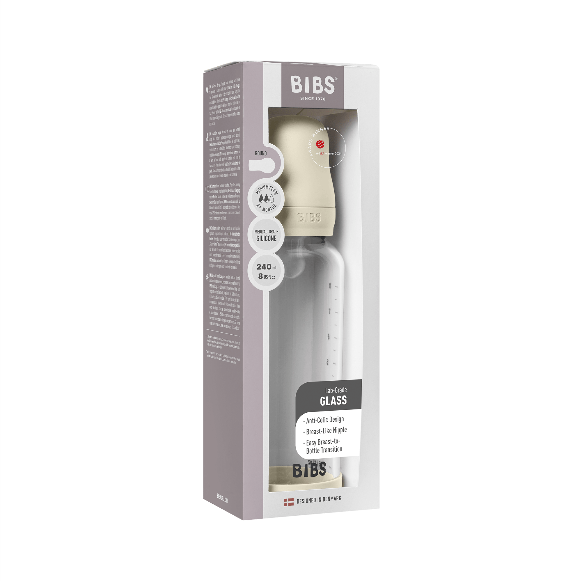 BIBS Glass Baby Bottle Round Silicone 1 pack 240 ml Medium Flow Ivory (Min. of 2 PK , multiples of 2 PK) - MAIGHAN DISTRIBUTION CANADA
