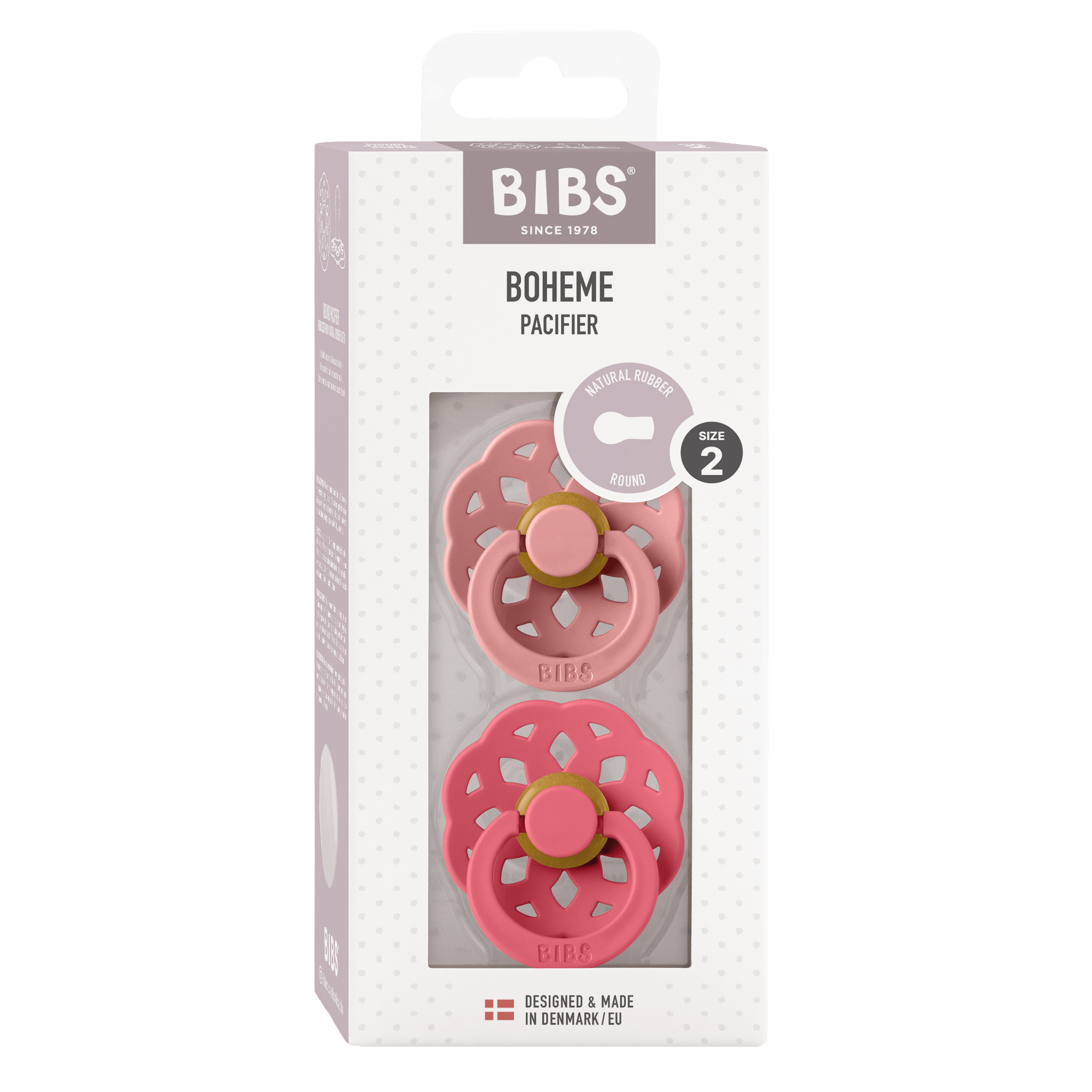BIBS® Pacifier Boheme Latex 2 PK Dusty Pink/Coral (Min. of 2 PK, multiples of 2 PK) - MAIGHAN DISTRIBUTION CANADA