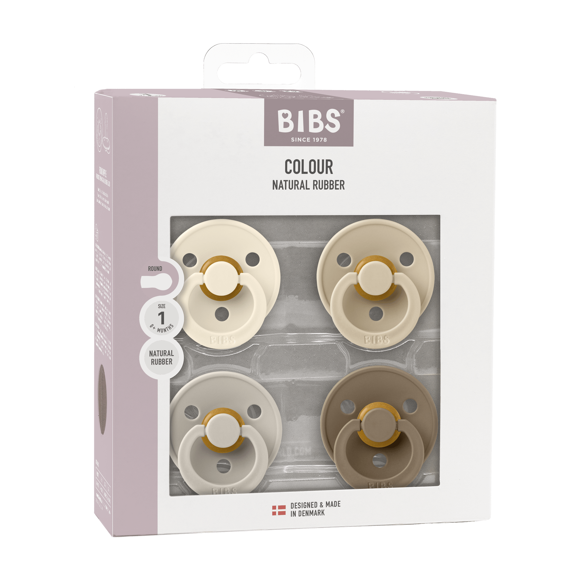 BIBS Pacifier Original COLOUR Latex 4 PK Ivory/Sand/Vanilla/Dark Oak (Min. of 2 PK, multiples of 2 PK) - MAIGHAN DISTRIBUTION CANADA