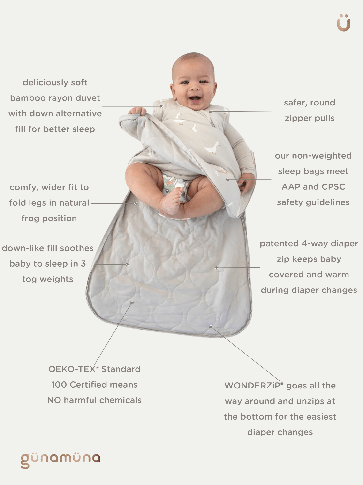 günamüna LONG Sleeve Sleep Sack Duvet Bamboo Woof 2.5 TOG (Min of 2, multiples of 2) - MAIGHAN DISTRIBUTION CANADA