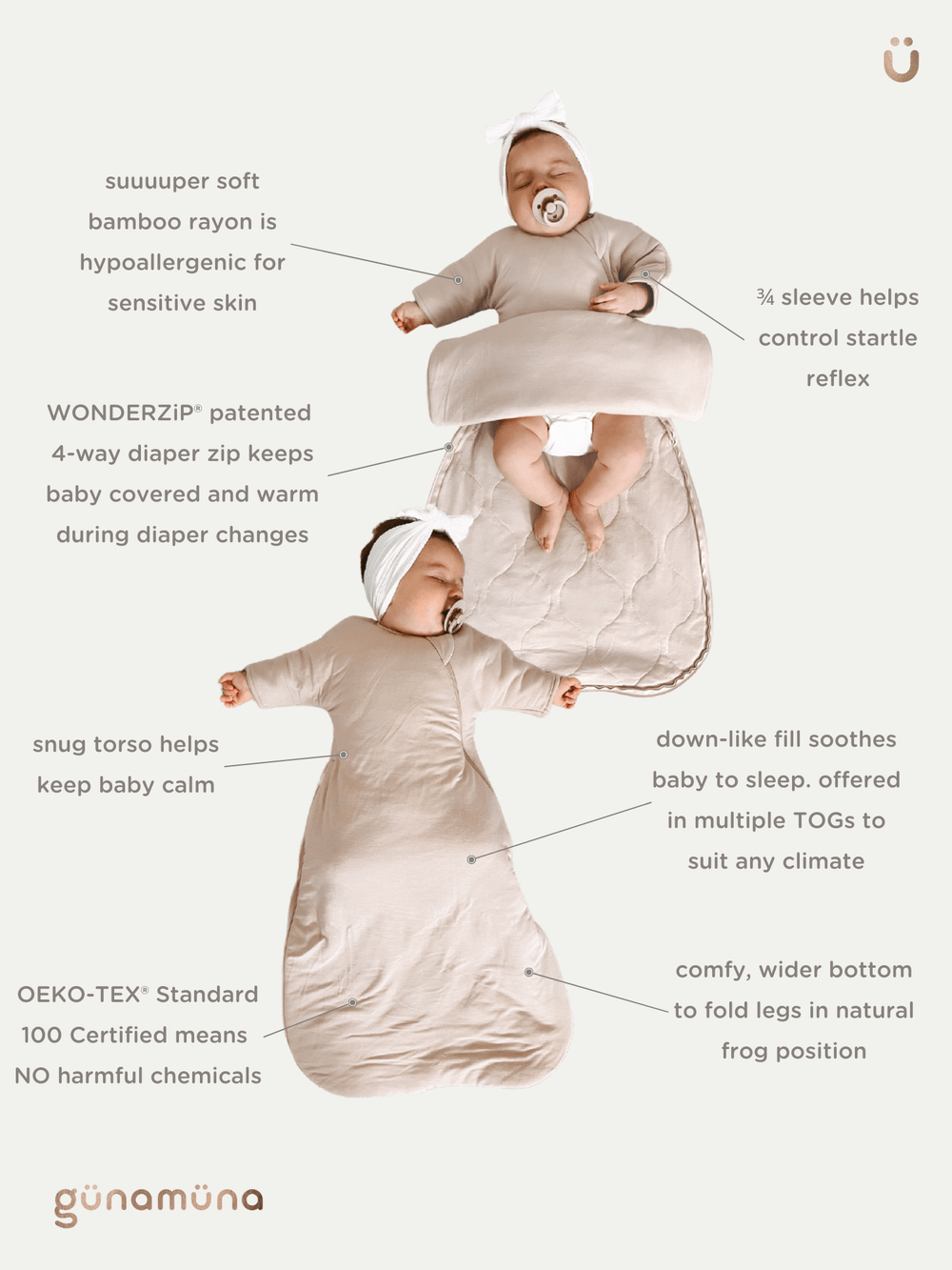 günamüna Long Sleeve Transitional Swaddle Sleep Sack Duvet Bamboo Blossom 2.5 TOG (Min. of 2, multiples of 2) - MAIGHAN DISTRIBUTION CANADA
