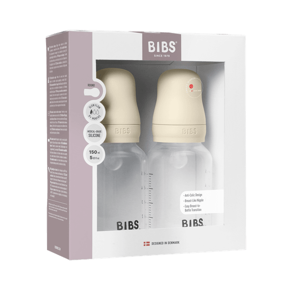 BIBS Plastic Baby Bottle Round Silicone 2 pack 150 ml Slow Flow Ivory (Min. of 2 PK , multiples of 2 PK)