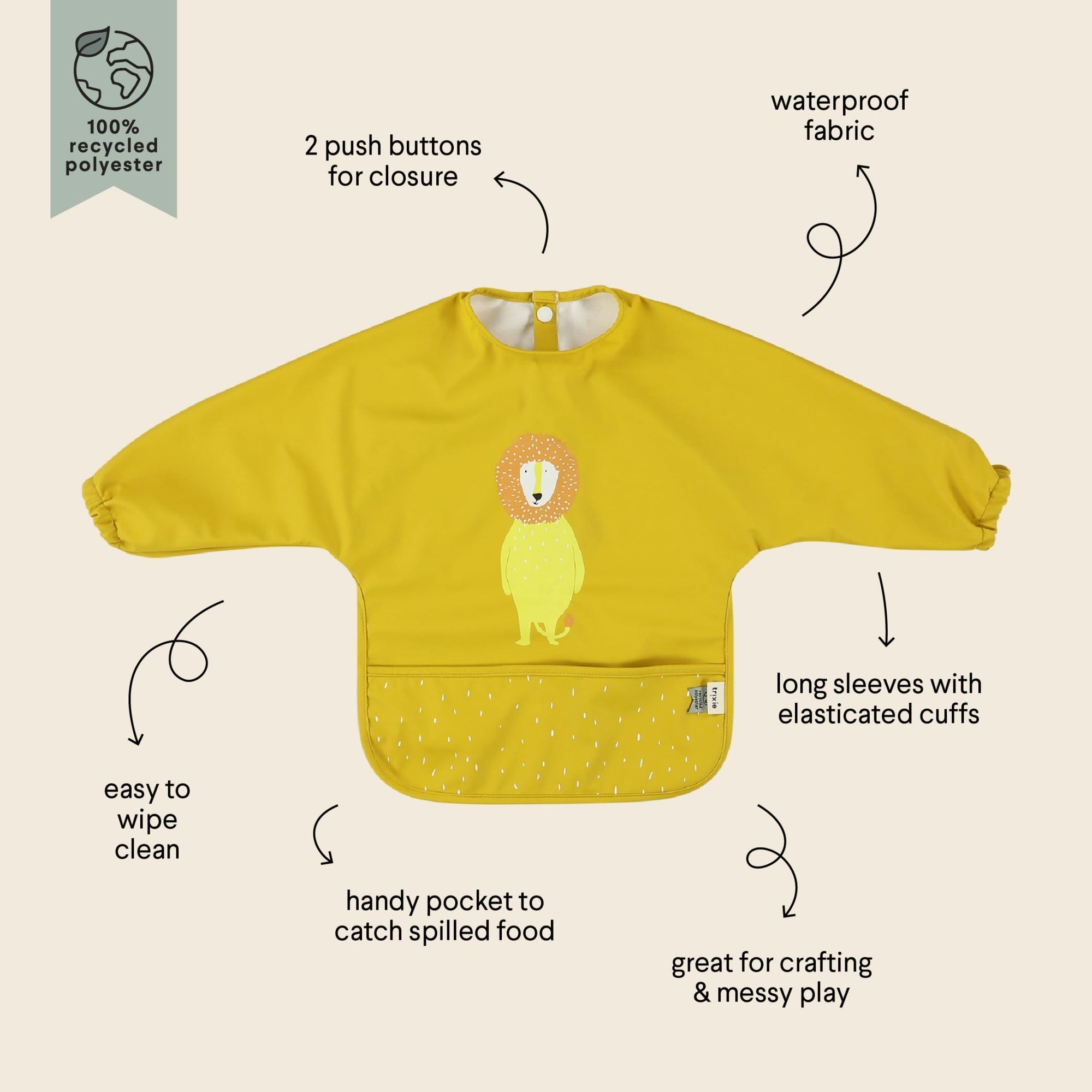 Trixie Waterproof long sleeve bib - Mr. Lion (Min. of 3 PK, multiples of 3 PK) - MAIGHAN DISTRIBUTION CANADA