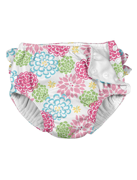 Ruffle Snap Reusable Absorbent Swimsuit Diaper-White Zinnia (Min. of 2, multiples of 2)