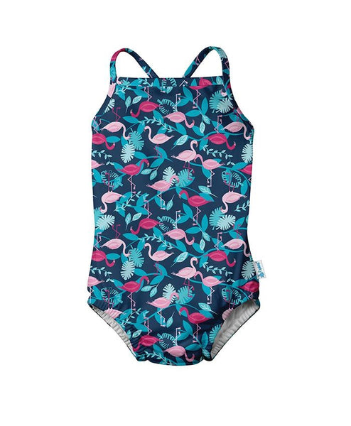 One-piece Swimsuit with Build-in Reusable Absorbent Swim Diaper Navy Flamingos (Min. of 2, multiples of 2)