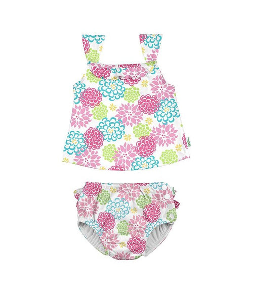 Two-Piece Ruffle Tankini With Snap Reusable Absorbent Swimsuit Diaper in White Zinnia (Min. of 2, multiples of 2)