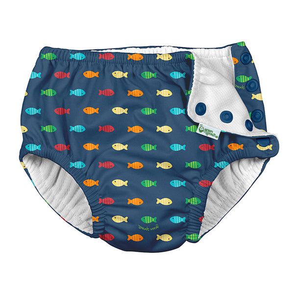Snap Reusable Absorbent Swimsuit Diaper-Navy Fish Geo (Min. of 2, multiples of 2)