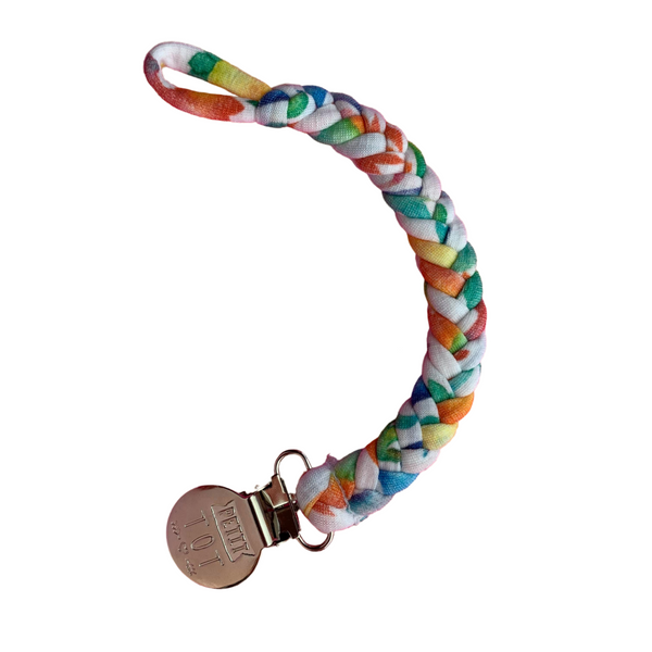 Rainbow Dino Braided Pacifier Clips made in Canada (Min. 2 multiples of 2)
