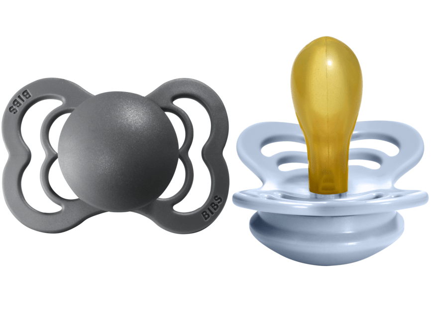 BIBS Pacifier SUPREME Latex 2 PK Iron / Baby Blue (Min. of 2 PK, multiples of 2 PK) - MAIGHAN DISTRIBUTION CANADA